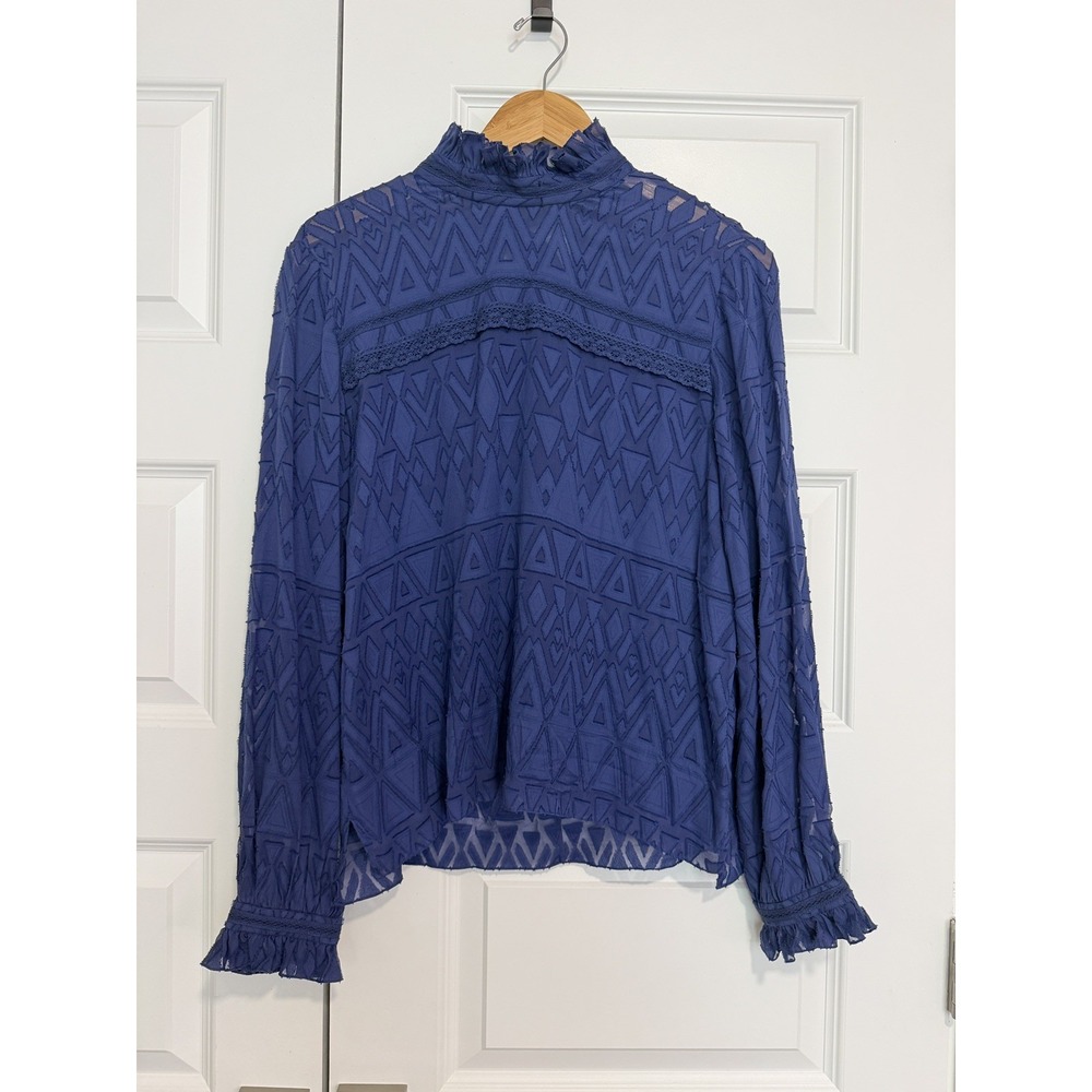 SALONI Emilie-D Navy Blue Silk Cotton Burnout Devore Mock Neck Blouse US 8